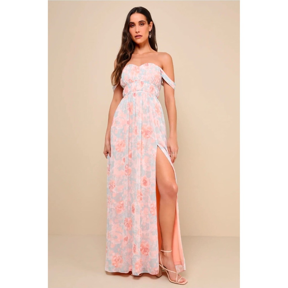 Lulus Exceptional Sweetness Peach Floral Off-the-Shoulder Maxi Dress NWT